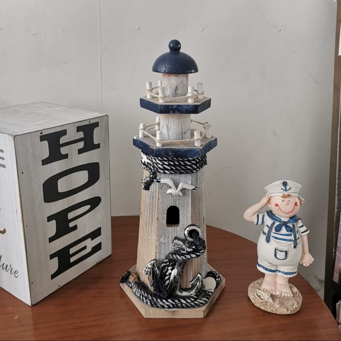 WHY DECOR Lighthouse Decor Nautical Decoration Wood Light House Figurine Beach House Coastal Decor Table Ocean Seaside Theme Home Lake House Bathroom Shelf Centerpiece 10.25" Blue