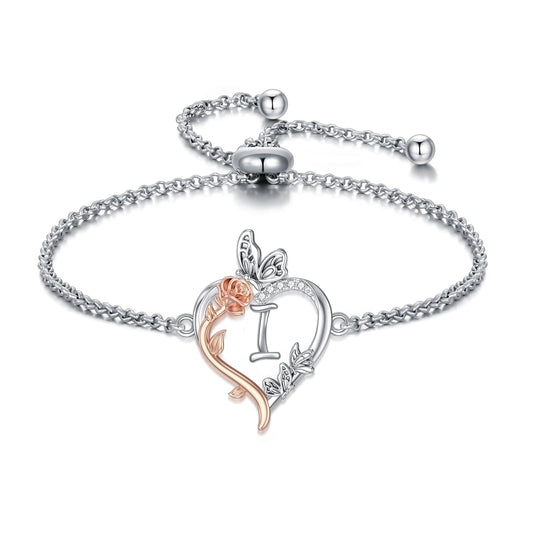 TOUPOP Rose Heart Bracelet for Women Sterling Silver Heart Initial I Letter Bracelet Butterfly Love Jewelry Anniversary Birthday Mothers Day Gifts for Mom Wife Her Girlfriend