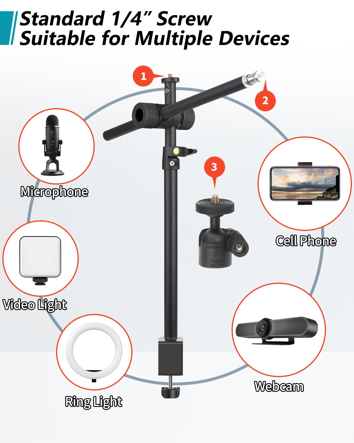 Overhead Camera Mount Desk Stand, Camera Arm Desk Mount Clamp Stand with 360°Adjustable Magic Arm, Webcam Arm Mount Stand w Ballhead Phone Mount for Desk Logitech Microphone Video Light Cell Phone