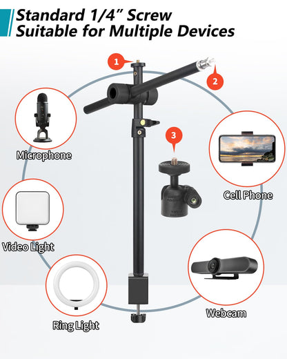Overhead Camera Mount Desk Stand, Camera Arm Desk Mount Clamp Stand with 360°Adjustable Magic Arm, Webcam Arm Mount Stand w Ballhead Phone Mount for Desk Logitech Microphone Video Light Cell Phone