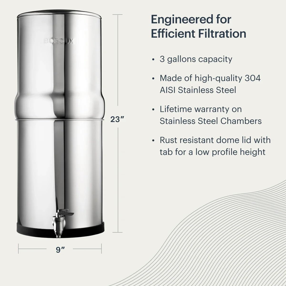 Boroux Legacy Gravity-Fed Countertop Stainless Steel Water Filter System | 3 Gallons with 2 Authentic Black Foundation. Filters