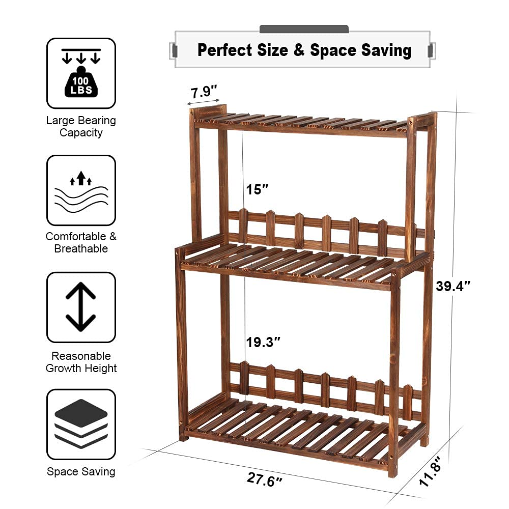 Ufine 3 Tier Wood Plant Stand Vertical Plant Display Shelf Indoor Ourdoor Plant Rack, Balcony Living Room, Kitchen, Porch Organizer Plants Holder