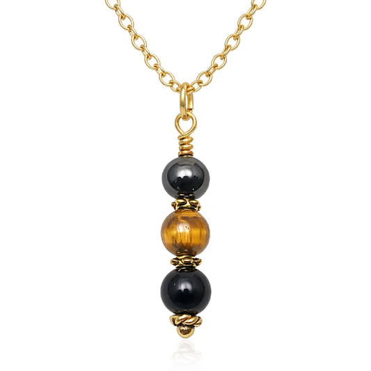 EnCharmed Antique Gold Triple Protection Necklace, Handmade Healing Jewelry for Luck Prosperity Happiness, Natural Hematite Tiger Eye and Black Obsidian Pendant, Spiritual Gift for Men or Women
