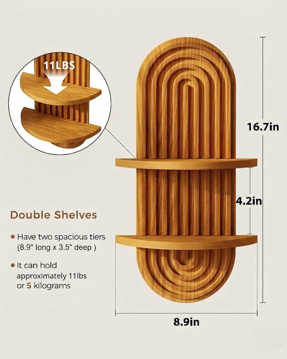 Bamworld Boho Wall Decor Brown Plant Wall Shelf Mid Century Modern Decor Hanging Plant Shelf 16.7in 2 Tier Wooden Floating Shelves for Home Bathroom Bedroom Living Room Office Holding Planter