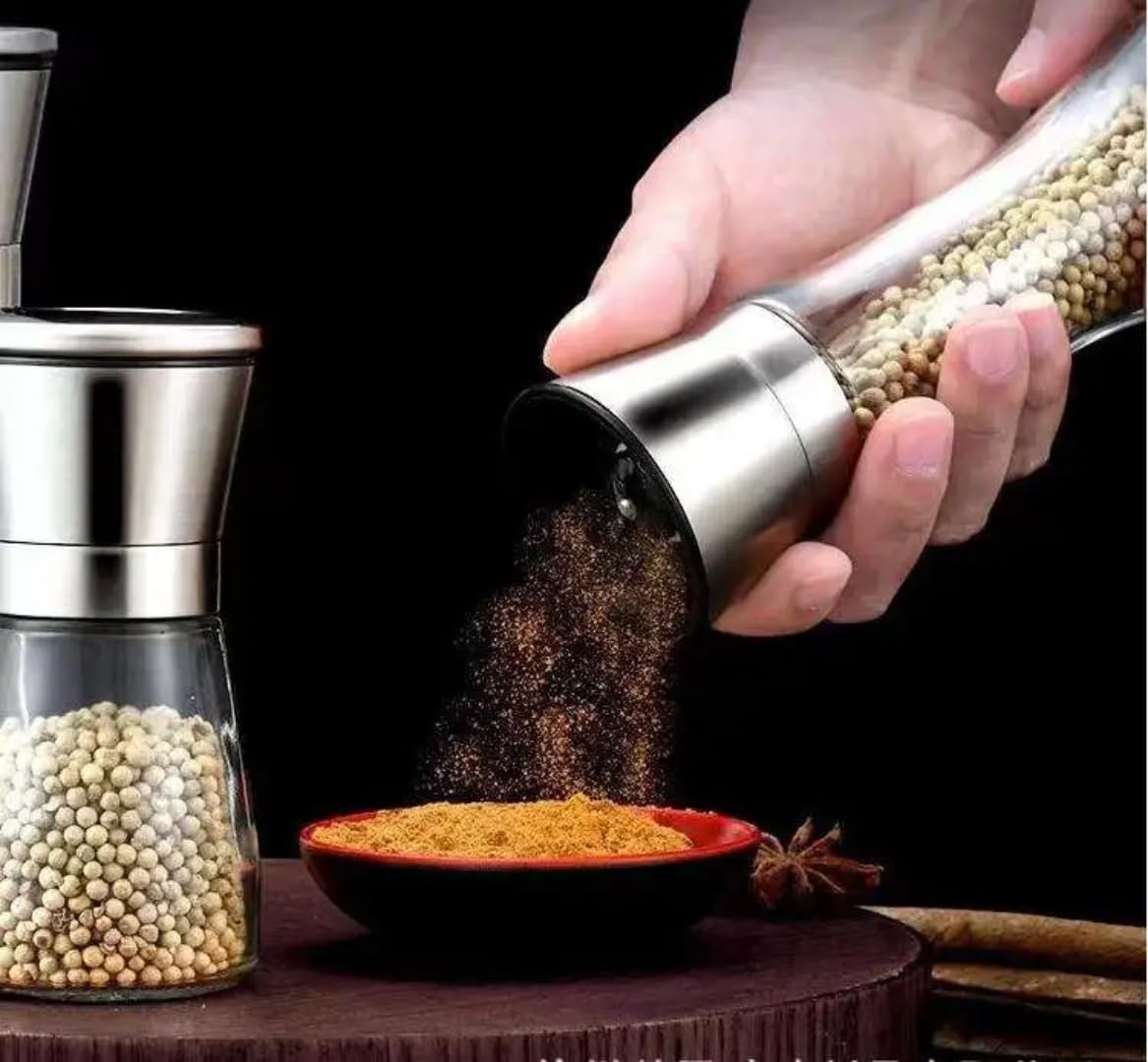 Salt and Pepper Grinder Set of 2 – Refillable Salt Grinder & Pepper Grinder Manual, Adjustable Ceramic Grinder, Glass Pepper Mill Grinder