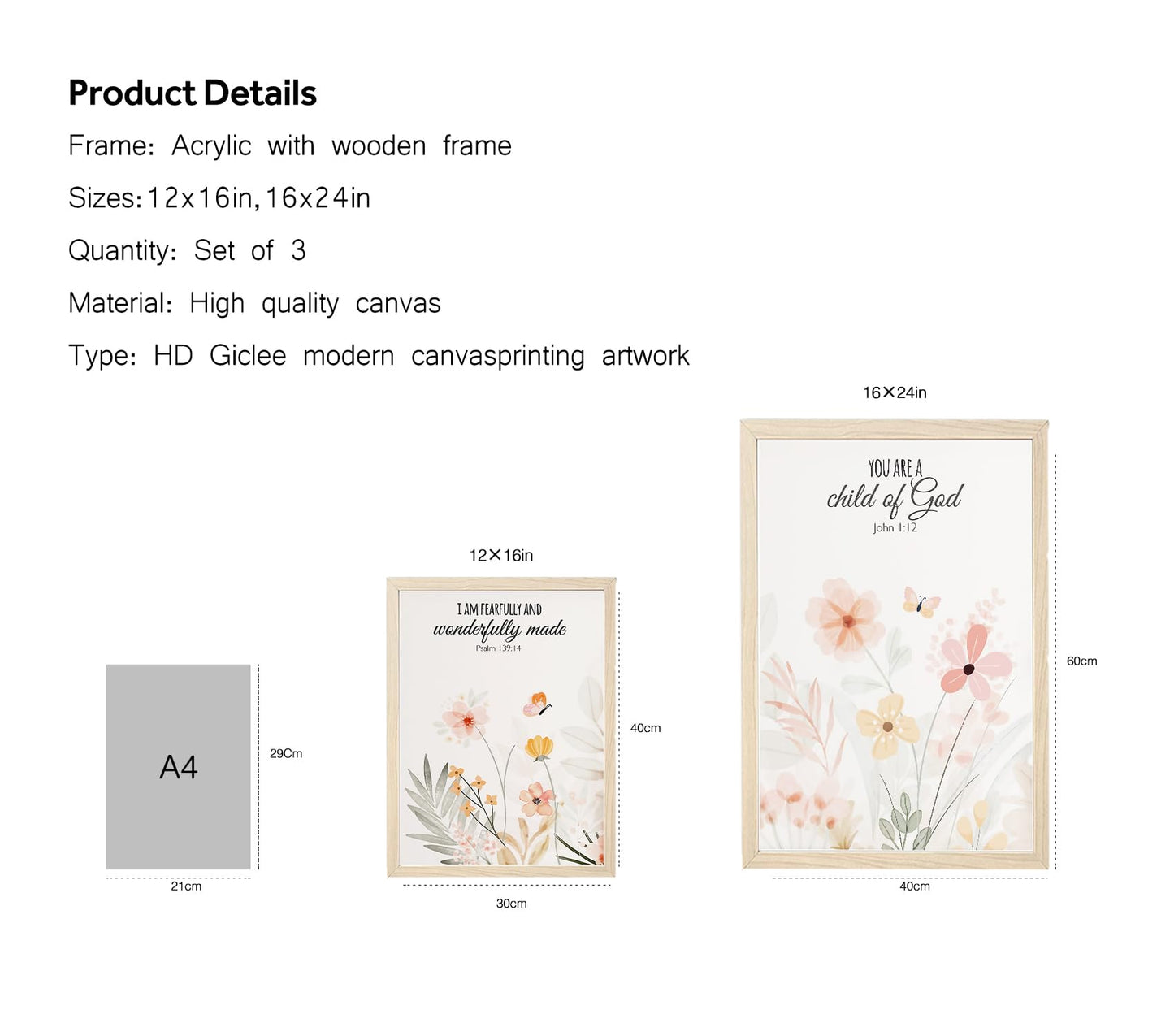 3pcs Framed Floral Wall Art Pieces, Christian Art, Bohemian Wall Decorations, Inspirational Bible Verse Canvas Paintings, Wildflower Patterns, For A Girl'S Room And Living Room, 12x16 Inch
