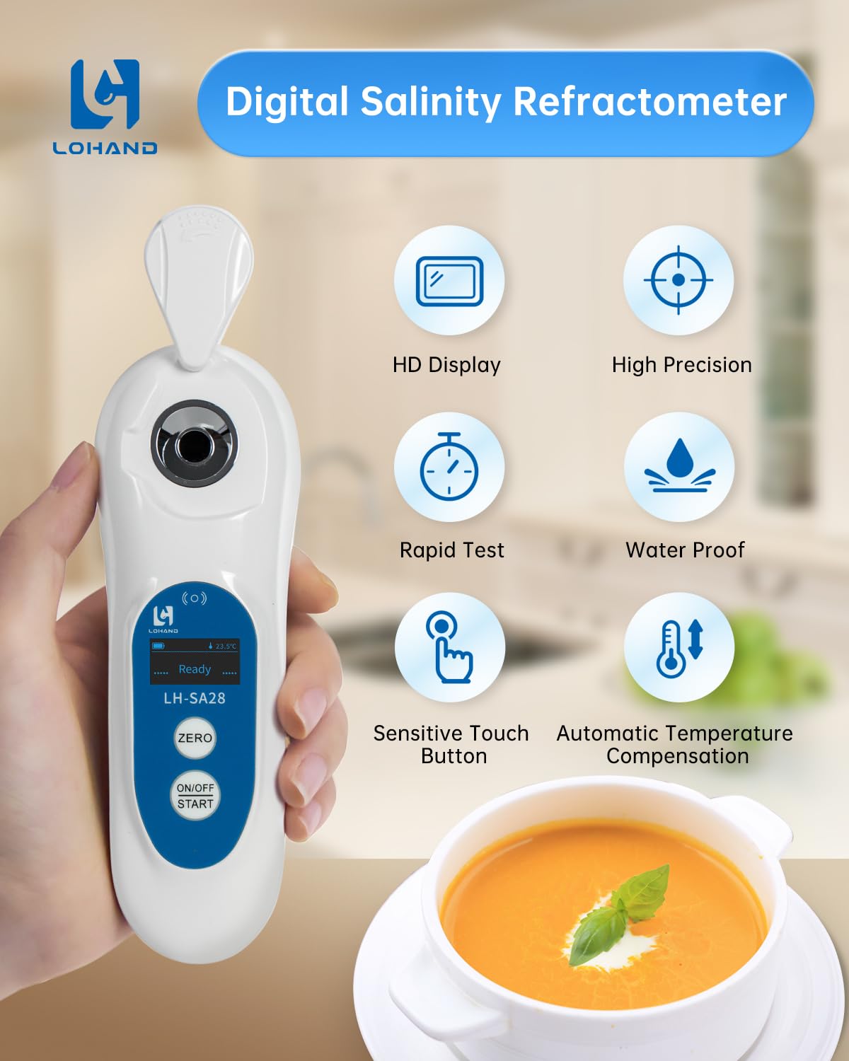 3-in-1 Digital Salinity Refractometer with ATC/Refractive Index(RI), Accurate Measurement with Precision Light-Blocking Cover, Fast Touchscreen Test Spoon Meat/Aquarium/Saltwater, Salt Content:0-28%