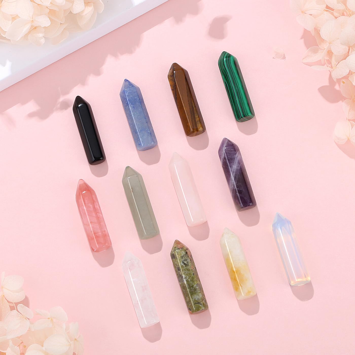 DUQGUHO Tower Crystals and Healing Stones 1 inch Crystal Tower Ornaments Set Energy Balancing Gemstones Meditation Polished Stone Christmas Ornaments Crystal Gifts for Women 12PCS