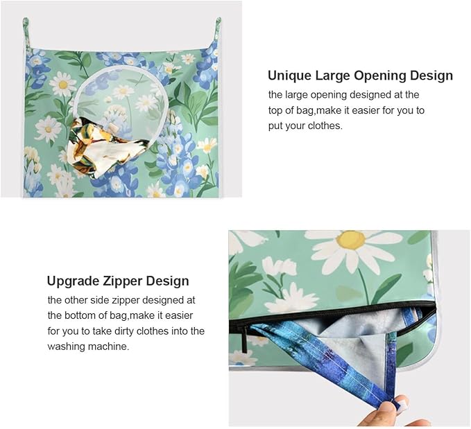 Mint Green Bluebonnet and Daisies Hanging Laundry Hamper Door Hampers Bag Basket