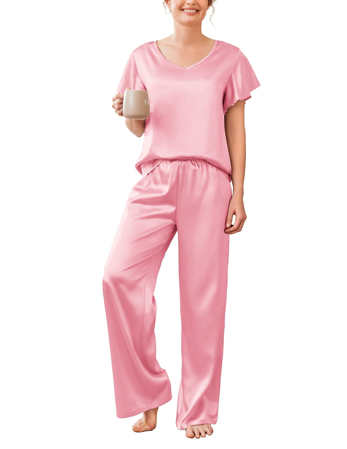 Ekouaer Women's Satin Silky Pajama Set 2 Piece Short Sleeve Shirt with Long Pants Pjs Sets Soft PJ Loungewear S-XXL