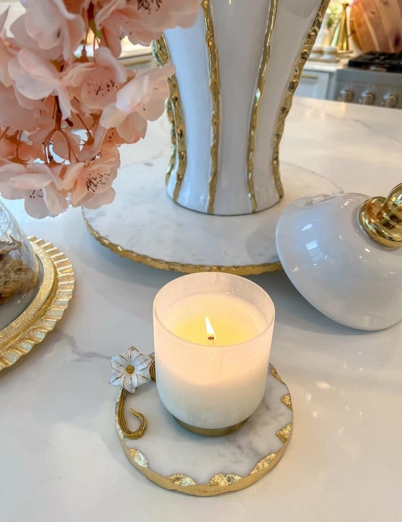 Handcrafted Brass Flower Marble Coaster-Luxury Marble Coaster for Candles-Thick and Large Marble Trivet 5 inch Dia-Made in India