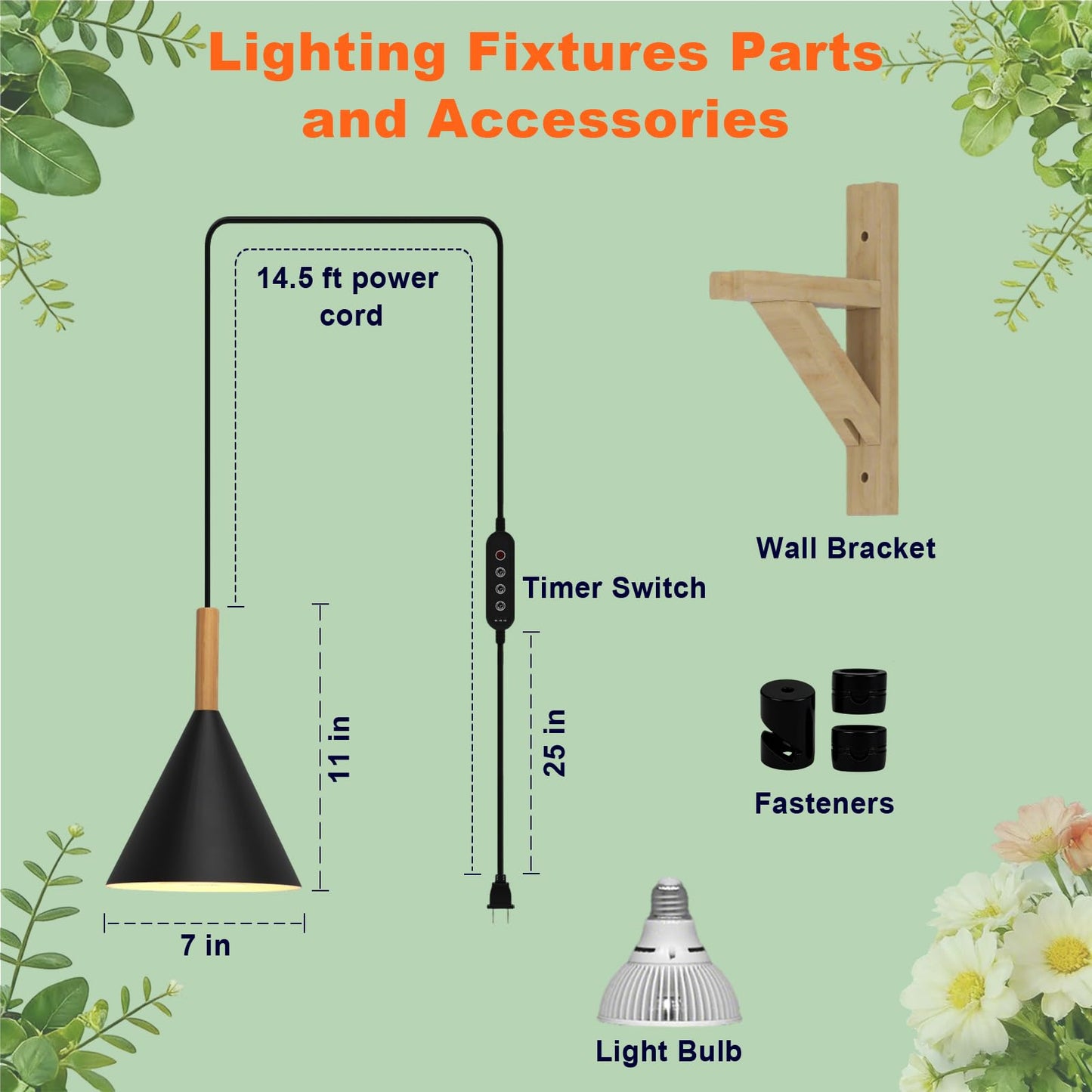 Hanging Grow Lights for Indoor Plants, 20W Full Spectrum Plant Lamp with Timer, Adjustable Height, Wall-Mounted 3000K Growlight with 14.5 ft Power Cord, for Greenhouse, Garden, Large Plants (Black)