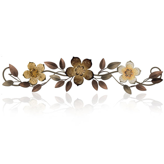 Wesiti Metal Flower Wall Decor Vintage Spring Metal Flower Wrought Iron Scroll Sculpture 15.7''x3.7'' Farmhouse Leaves Wall Decor with Nails for Spring Living Room Bedroom Indoor Outdoor(Brown)