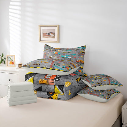 Erosebridal Kids Excavator Bed in A Bag 7 Piece Tractor Truck Comforter Set Twin Size Construction Vehicle Bedding Sets for Kids Teens Boys Girls Equipment Heavy Blender Sheet Set