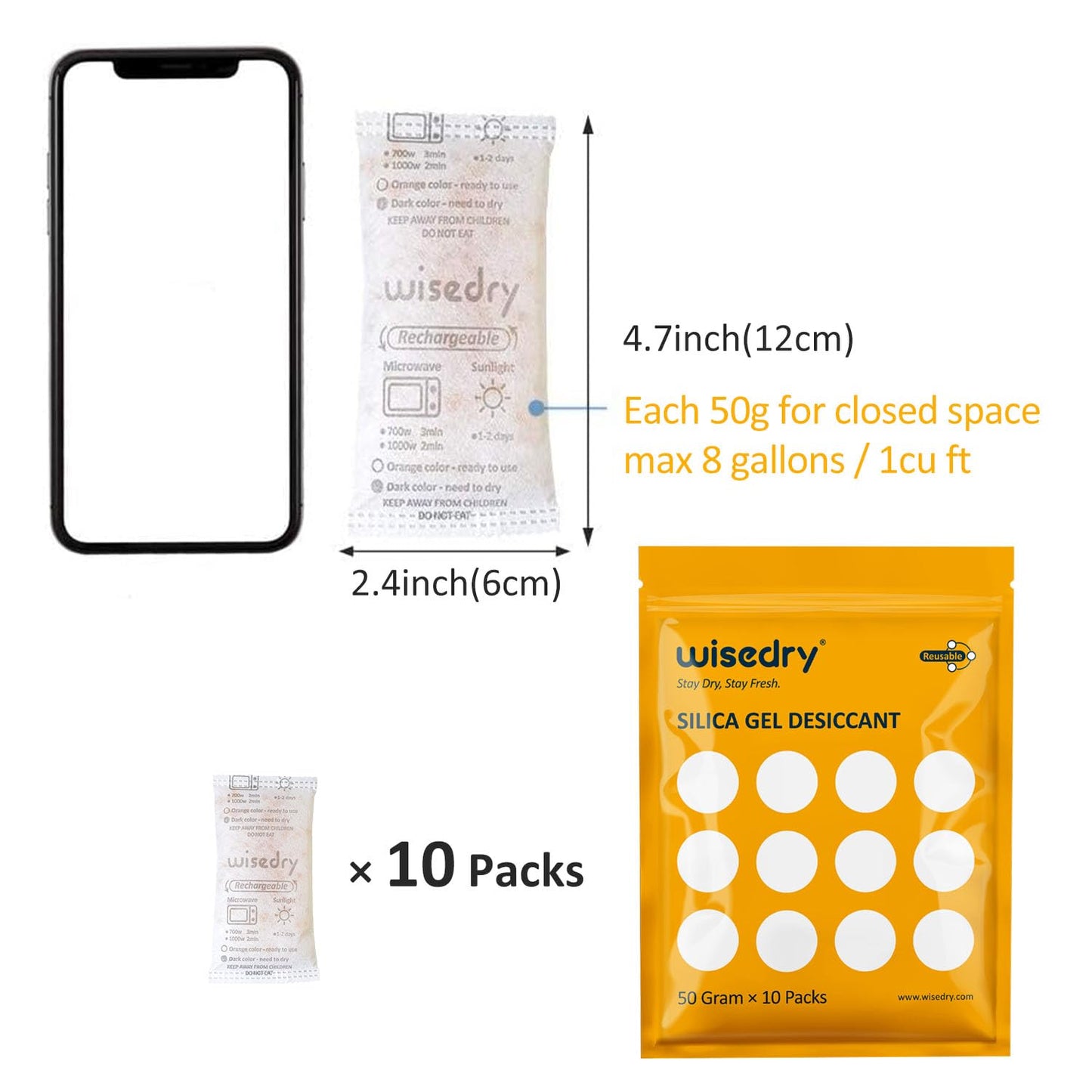 wisedry 50 Gram [10 Packs] Silica Gel Desiccant Sachets Microwave Fast Reactivate Desiccant Bags with Indicating Beads for Closet Gun Safes Bathroom Food Grade
