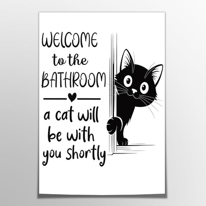 HNNXAR Funny Cat Bathroom Wall Art,Welcome To The Bathroom A Cat Will Be With You Shortly Paintings Posters,Black and White Funny Canvas Pictures Prints,Cute Black Cat Wall Decor 12x16in Unframed