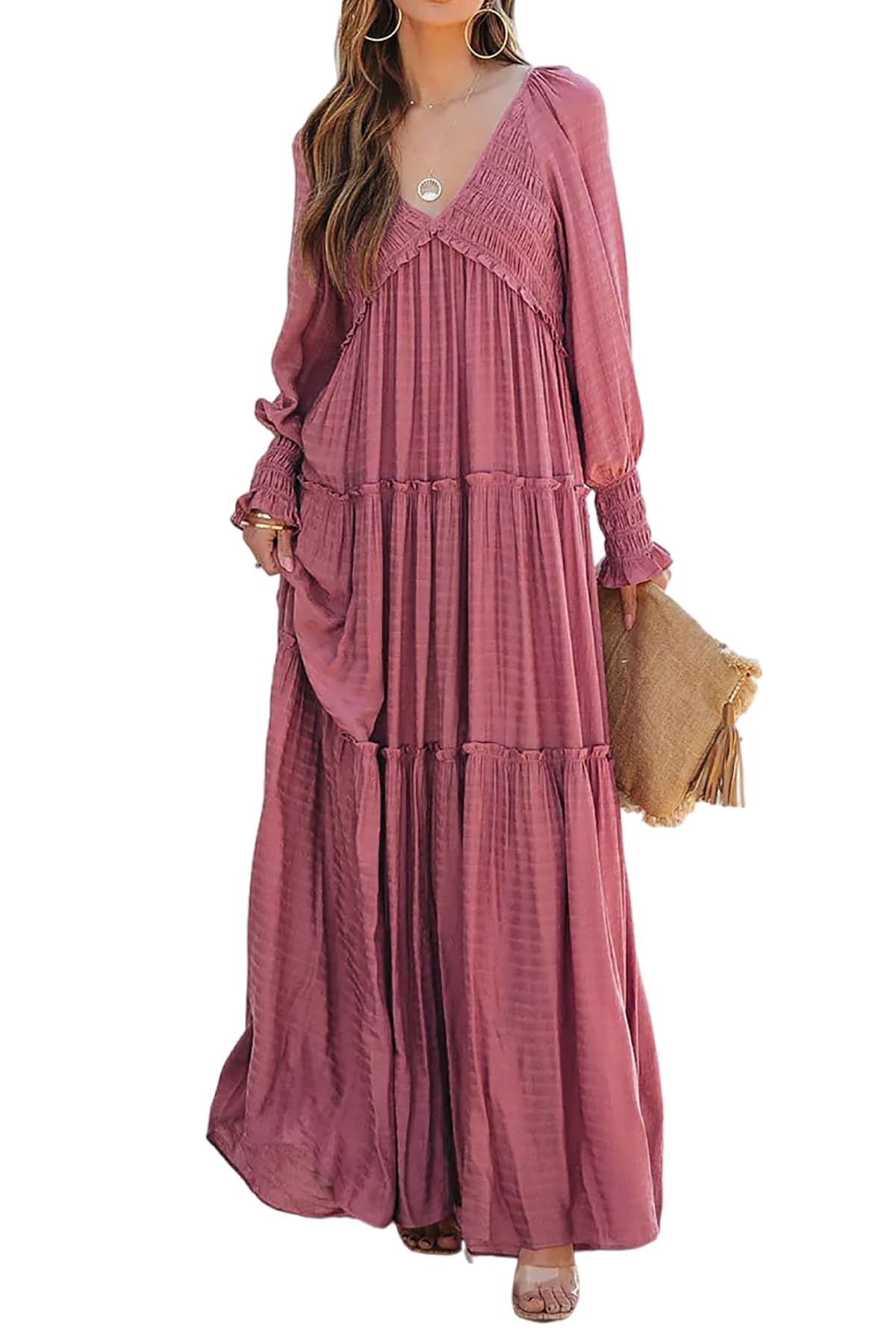 R.Vivimos Maxi Dress for Women Long Sleeve V Neck Empire Waist Layered Ruffle Boho Casual Flowy Long Dresses