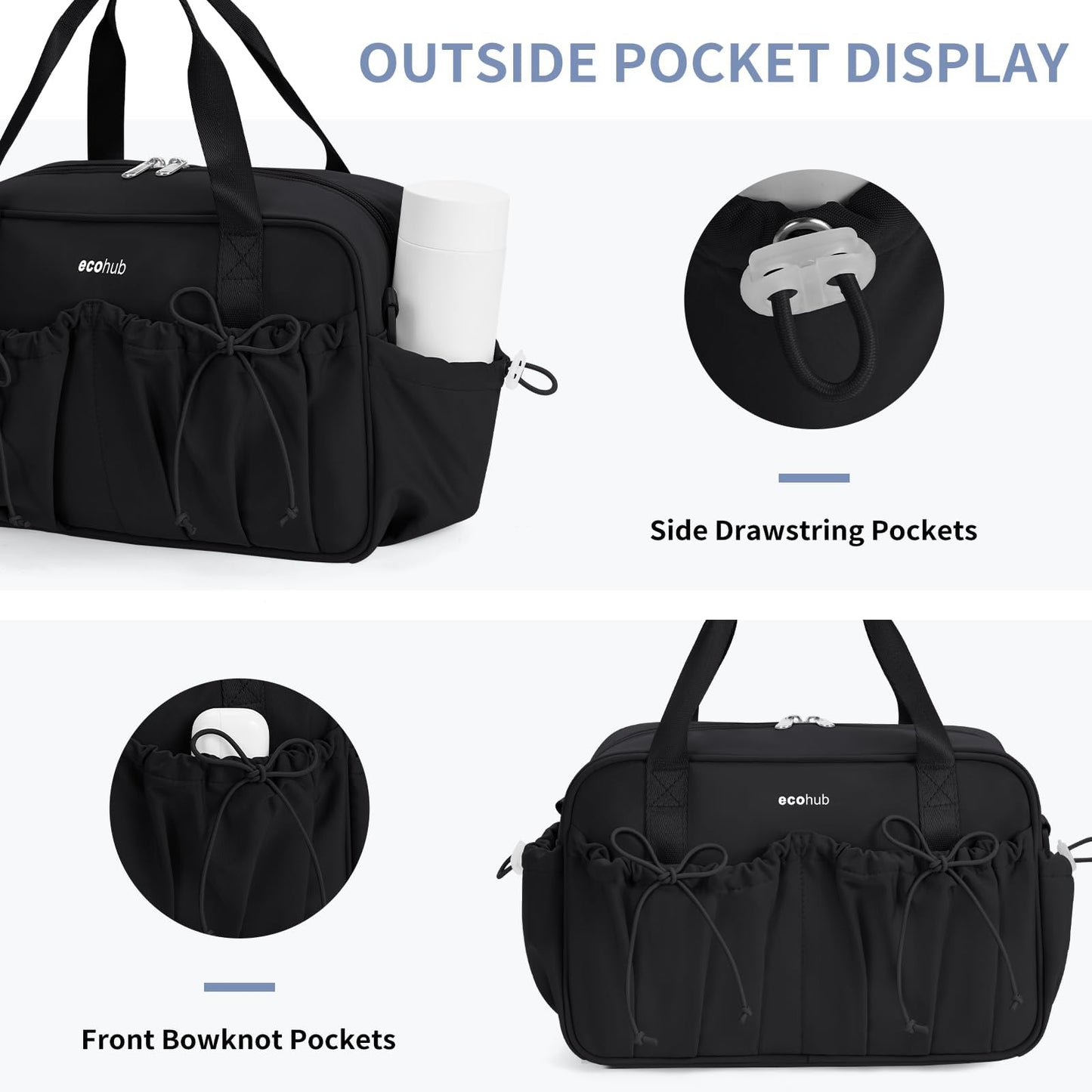 ECOHUB Small Gym Bag for Women, Mini Gym Duffle Bag with Wet Compartment, Bowknot Sports Bag, Cute Gym Tote Bag Dance Yoga Workout Travel Bags Black
