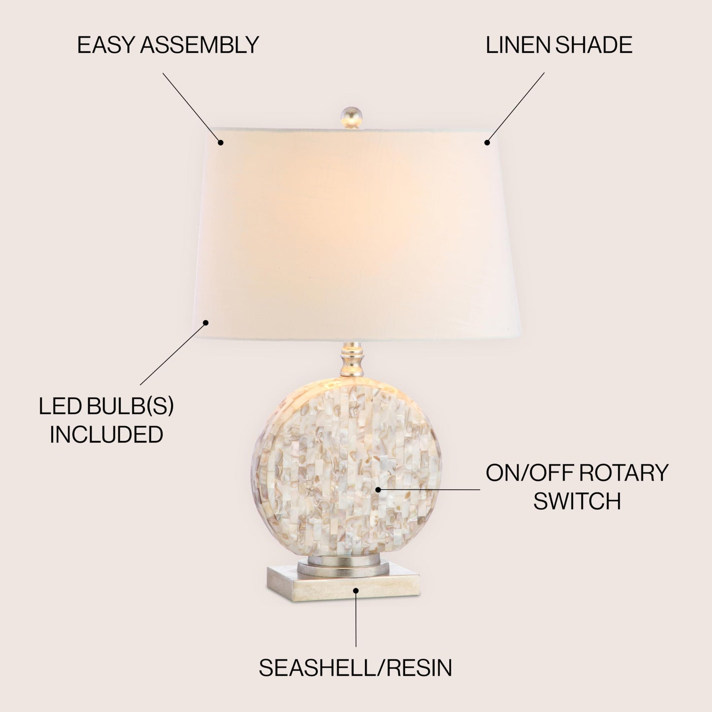 JONATHAN Y 24" Dennis Cream Mother-of-Pearl Seashell Table Lamp, Coastal Traditional Bedside Lamp for Living Room Bedroom, White Linen Drum Shade, LED Bulb Included JYL1050A