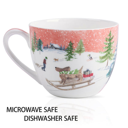 MFoffice Christmas Sled Dog Mug - 20 oz Bone China Coffee Tea Hug Mug with Pink Winter Sky & Snow Trees, Holiday and Christmas Gift for Friends & Family - Designed in England by Harvest Green Studio