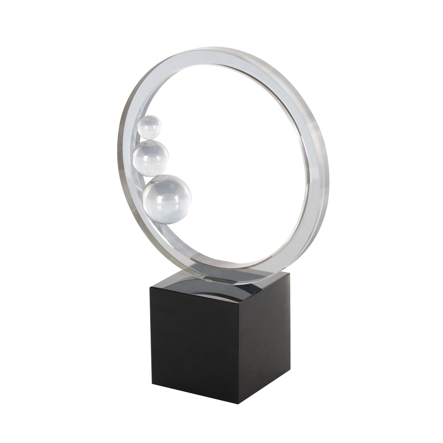 Deco 79 Glass Abstract Decorative Sculpture Ring Home Decor Statue with Clear Orbs and Black Square Base, Accent Figurine 7" x 3" x 10", Clear