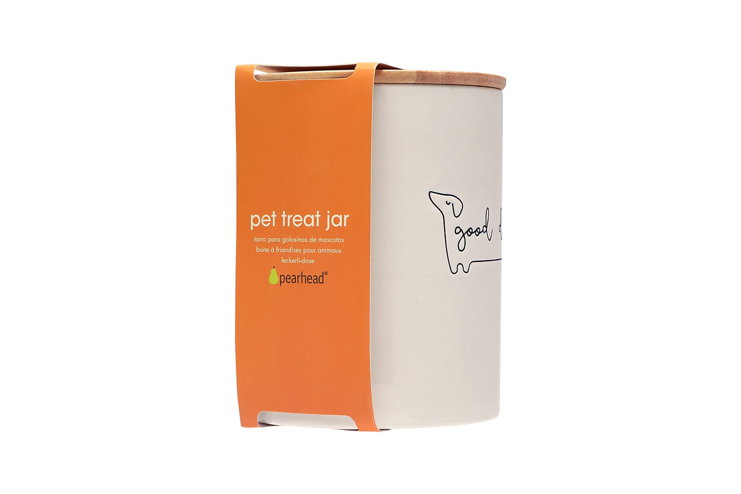 Pearhead Good Dog Treat Jar, Ceramic and Wood Pet Treat Canister, Neutral Modern Kitchen Decor, Pet Accessories, Dog Biscuit Storage Jar, Freshness Seal, Holds 4 Cups