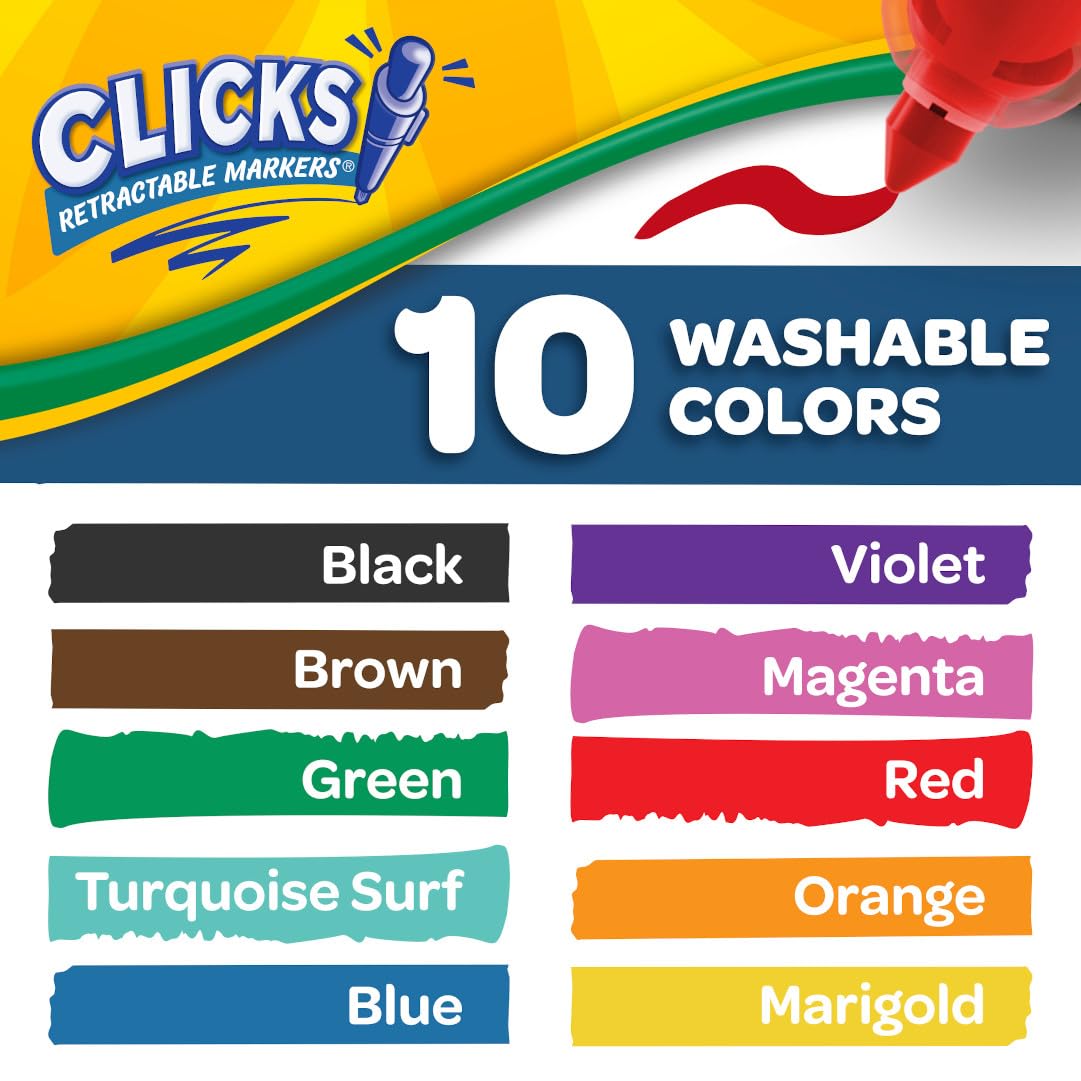 CRAYOLA Clicks, Retractable Art Markers, 10 Vibrant, Washable Coloured Markers, Keep Markers Safe in Retractable Barrel So Ink Won't Dry Out, Perfect for Colouring, Projects and More, 58 8370