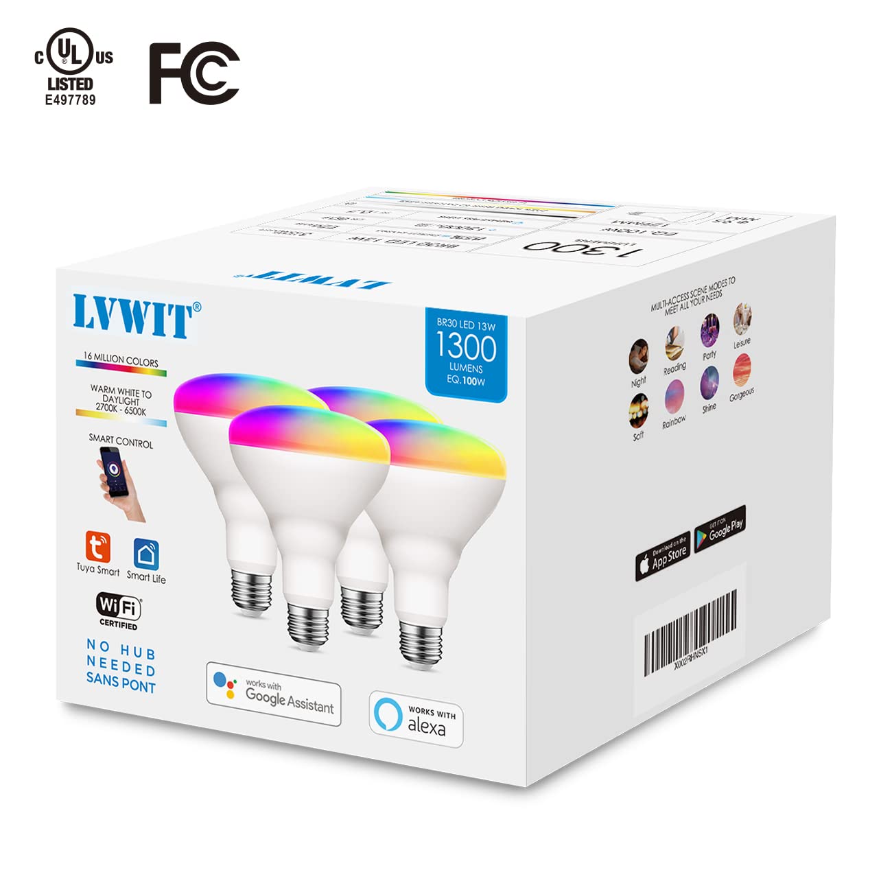 LVWIT Smart Light Bulbs Alexa, BR30 100W Equivalent, E26 Smart LED, Work with Google Assistant, Smart Life App, Tuya App, Dimmable 1300 Lumens RGB Color Changing Bulb (13W), No Hub Required, 4-Pack