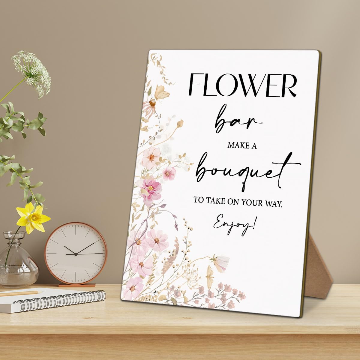 Floral Bloom Bar Sign Wedding Welcome Sign, Bridal Shower Wedding Engagement Bachelorette Party Desk Decorations, 8x11 Inch Wooden Sign with Stand-02