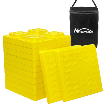 RV Leveling Blocks 12 Pack, Heavy Duty Interlocking Camper Leveler with Carrying Bag, Customizable Height for Single & Dual Axle Wheels, 8.6" x 8.6" x 1.5" Yellow RV Stabilizer Jack Pads