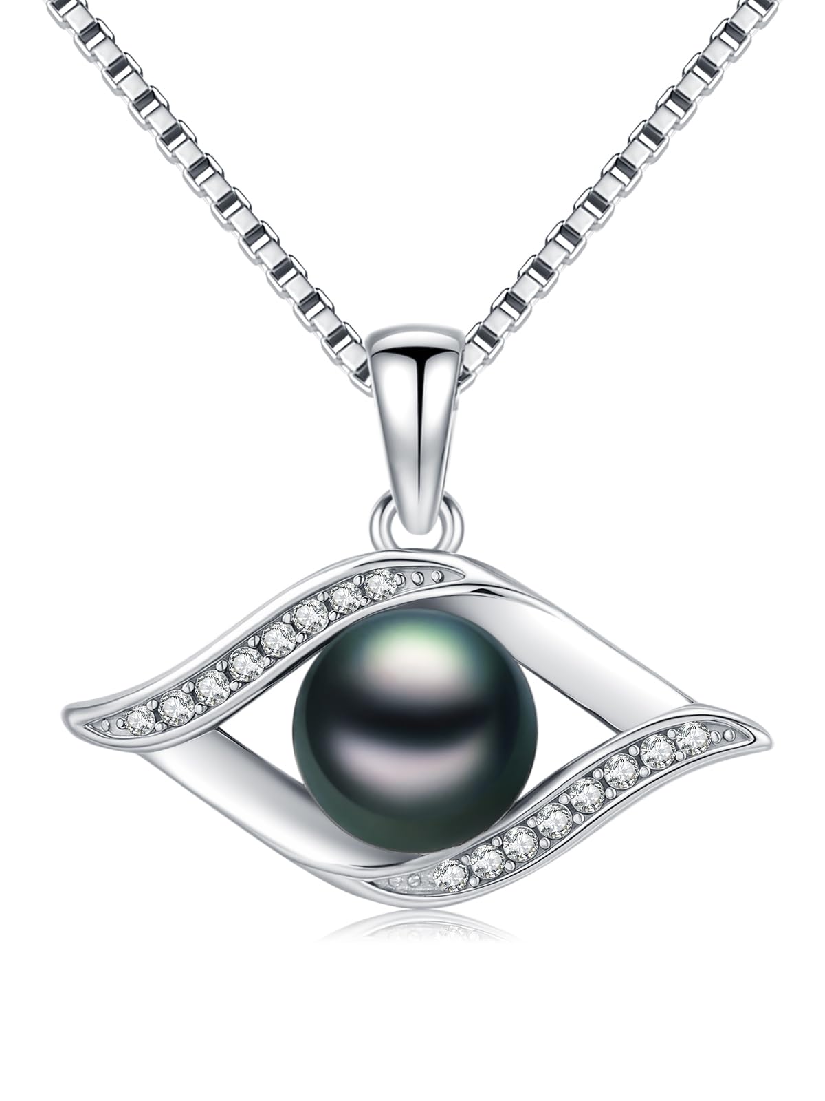 KANNSOAR Tahitian Black Pearl Necklace 18K White Gold Plated Sterling Silver Evil Eyes Pendant Black Pearl Necklace Jewelry for Women Gifts for Wedding Christmas Anniversary Birthday