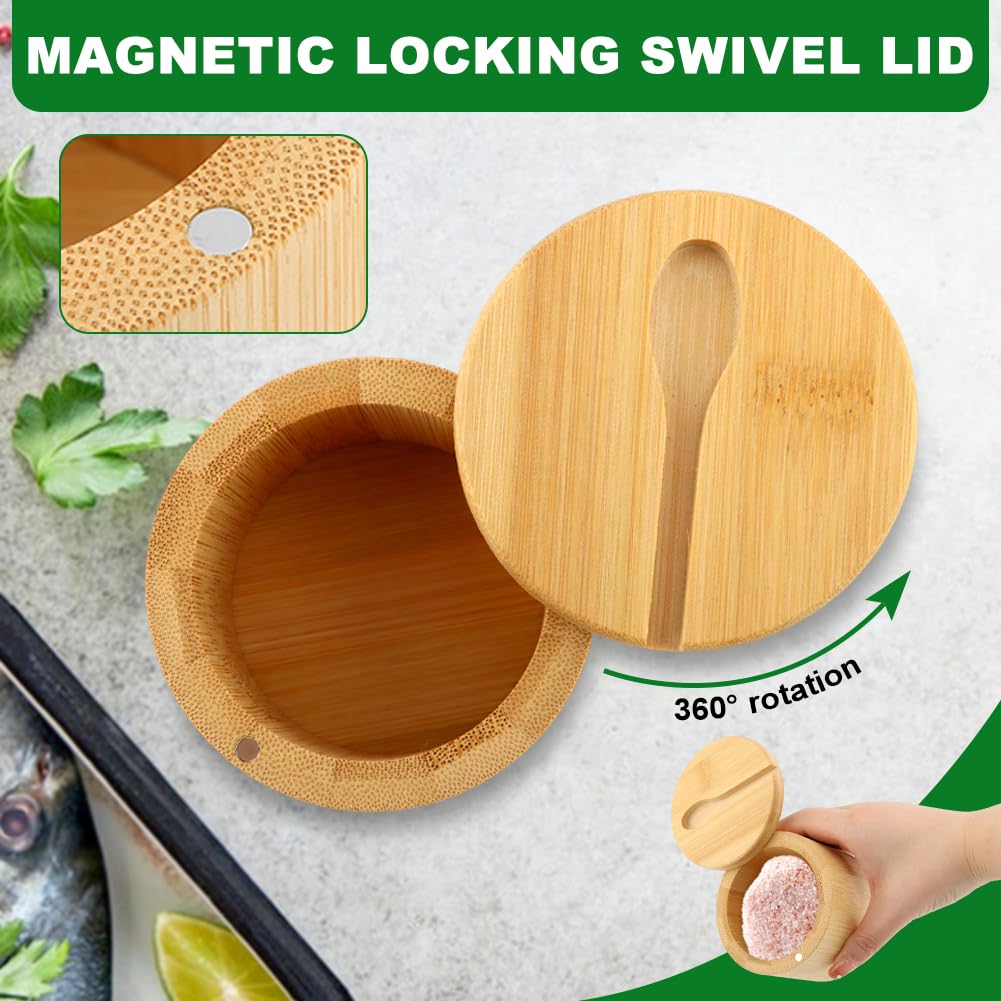 Jeyntanc 2Pcs Bamboo Salt Cellar with Magnetic Swivel Lid & Spoon, 6 oz Spice Bowl Bamboo Storage Box Salt Container to Storage Pepper, Table Salt, Gourmet Salts, Spice, Sugar(SIZE:6 oz)