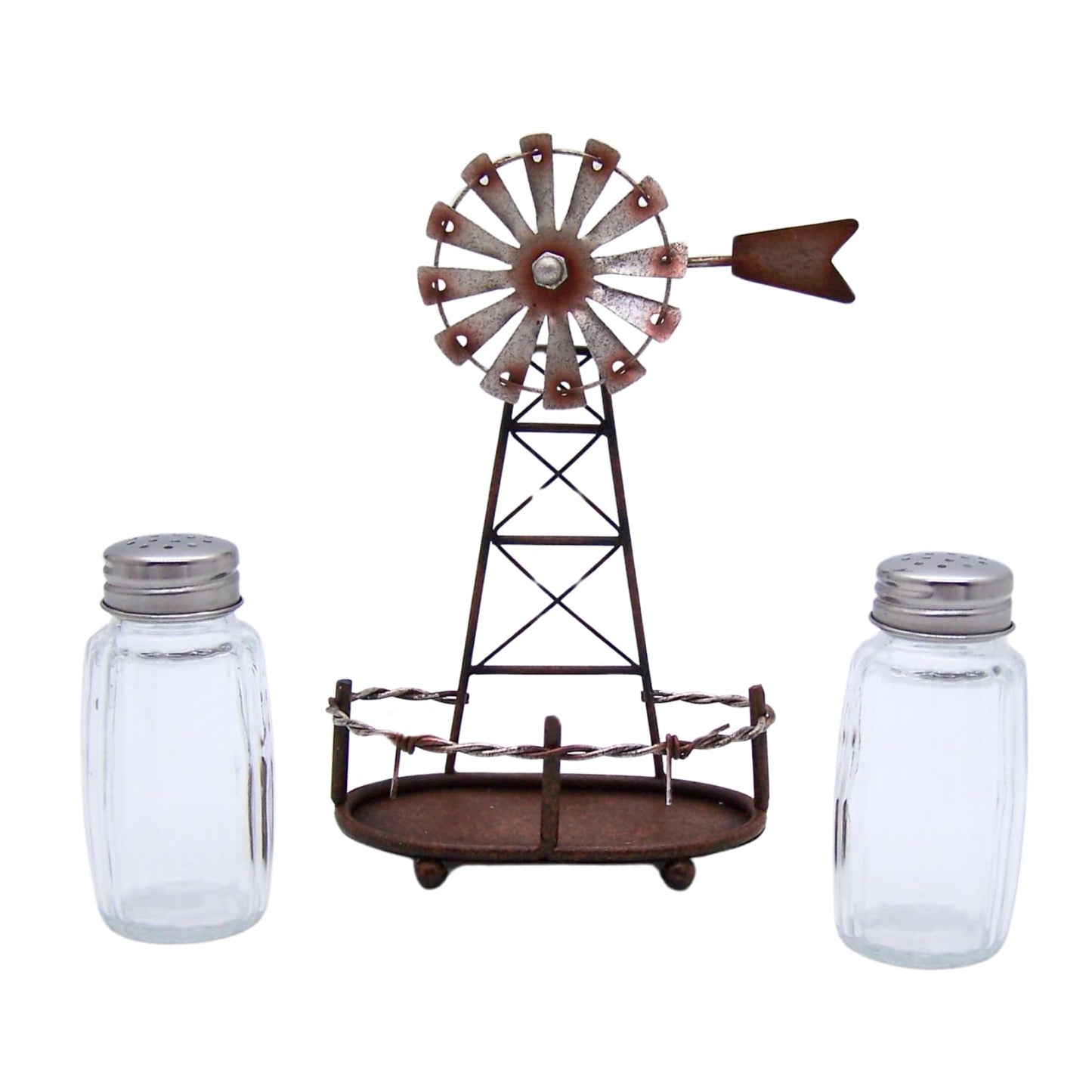 Windmill Salt and Pepper Set Holder, Unique Rustic Décor, Shakers Included, 6.5 Inches