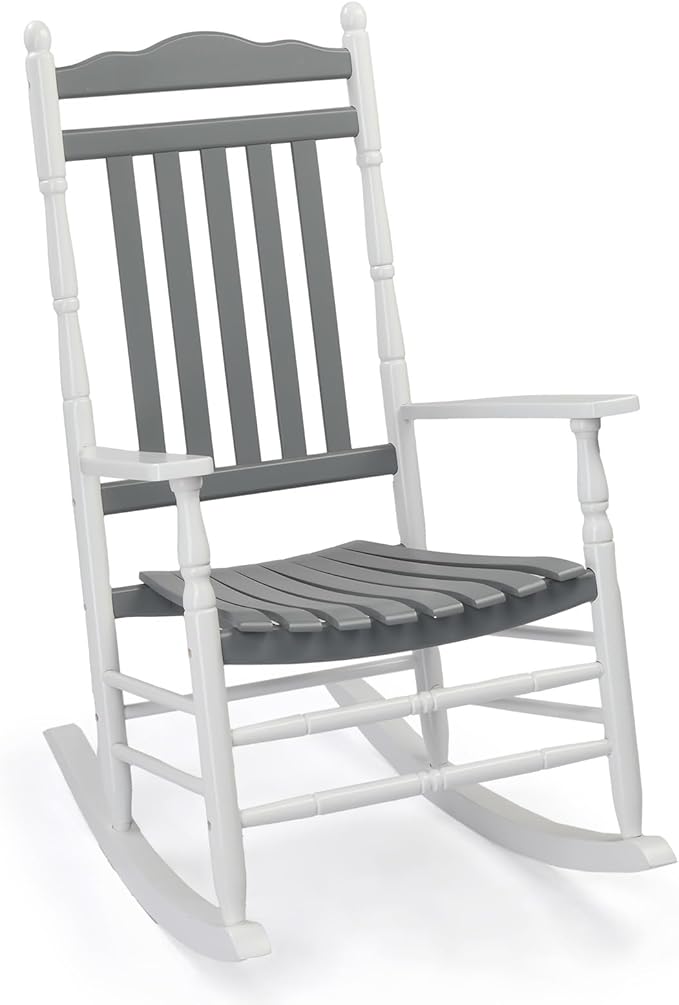 VINGLI Wooden Rocking Chair, Outdoor Chair with 450 lbs Support, Relaxing Rocker with Solid Wood High Back Seat Reclining Seat for Deck, Garden, Backyard, Porch (White & Grey, 1PC)