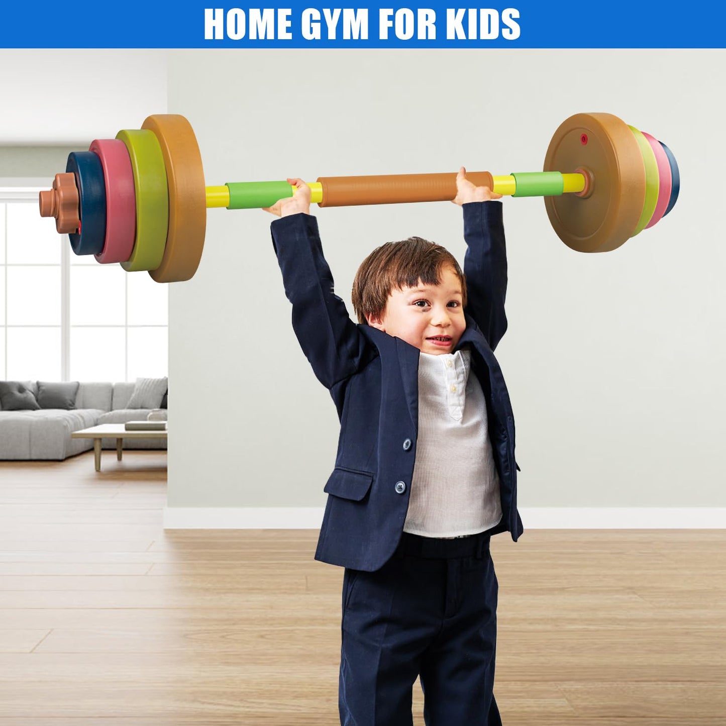 Hitish Kids Exercise Weight Set, 2-In-1 Barbell and Dumbbell Workout Equipment, Toddler Beginner Gym Toy for Pretend Play Lifting Exercise & Fitness, Adjustable Fill with Sand or Water