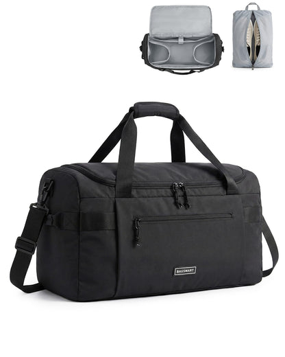 BAGSMART Travel Duffel Bags with Dividers, 32L Gym Duffle Bag with Laptop Compartment, Carry On Weekender Overnight Bag, Shoe Bag, PVC Wet Pocket, Black