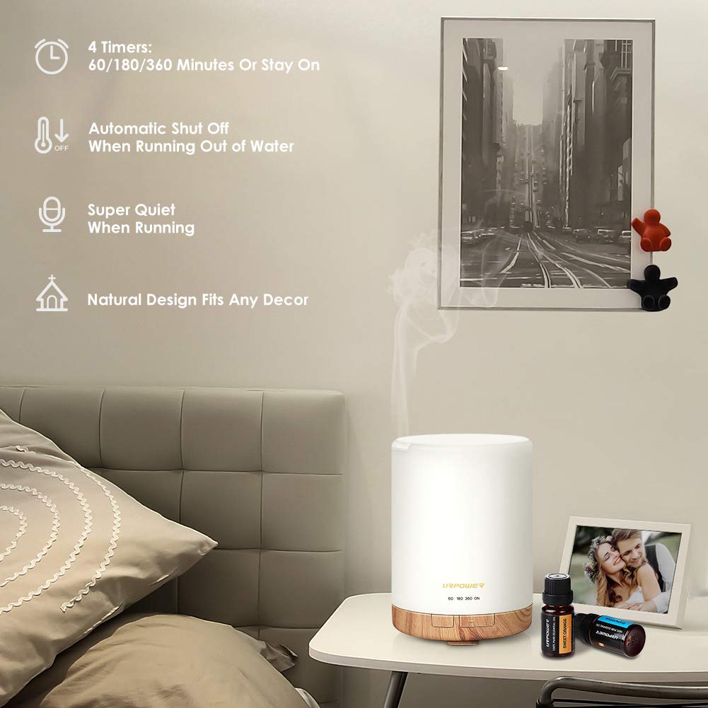 URPOWER 300ml Aromatherapy Essential Oil Diffuser Ultrasonic Air Humidifier AUTO Shut Off Scent Diffuser Night Light 7 Color Changing LED Lights and 4 Timer Settings for Bedroom Office Home
