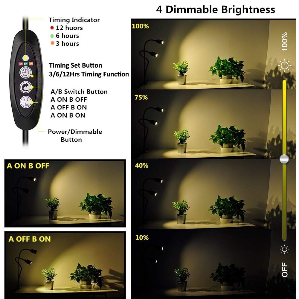 Grow Light for Indoor Plants 7500K Full Spectrum Plant Growing Lamp with Gooseneck Auto On Off Timing 3/6/12H, 4-Level Dimmable 22.5 Inch Longer