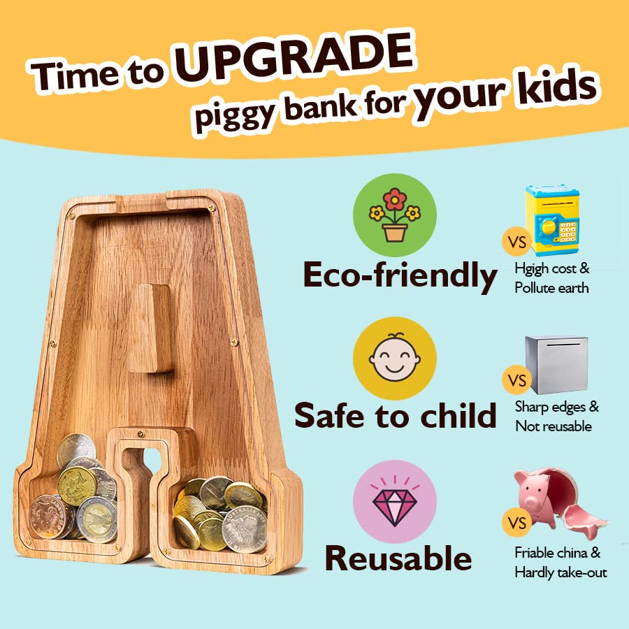 SummiDate Wooden Letter Money Box for Kids, Personalised Piggy Bank for Boys Girls Toddler, Alphabet A Money Banks| Coin Bank Birthday Gift for Kids|Children's Gift(Initial-A)