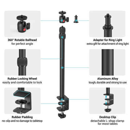 SmallRig Camera Desk Mount Table Stand, Adjustable Light Stand 15"-35", Tabletop C Clamp for DSLR Camera, Ring Light, Live Streaming, Photo Video Shooting