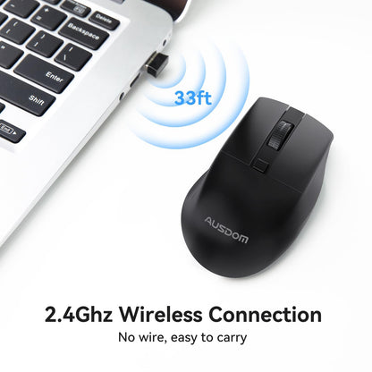 AUSDOM Wireless Mouse for Laptop - Computer Mouse with 2.4G USB Mini Receiver, 1600 DPI Optical Tracking, Cordless Portable Computer Mice for PC, Mac, Notebook, Black