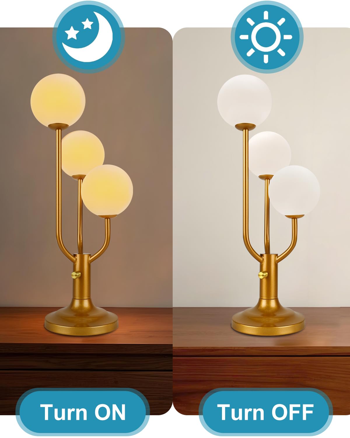 ACOHOOK Modern Gold Globe Table Lamp Dimmable Mid Century 3-Light Desk Lamp 3000K Warmwhite Nightstand Lamp for Bedroom Bedside End Table(G9 Bulb Included)