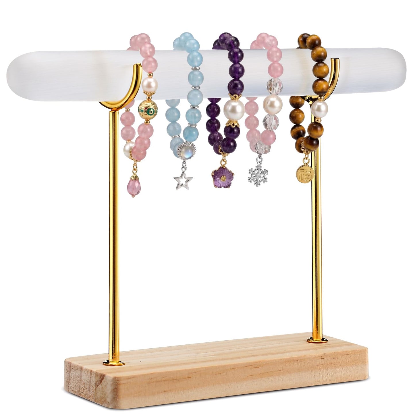 RattanView Selenite Bracelet Holder Display Stand Crystal Healing Goth Bracelet Display Stand Detachable Jewelry Wrap Watch Organizer Holder with Wooden Base for Bangles Charging Clean(1 Tier)