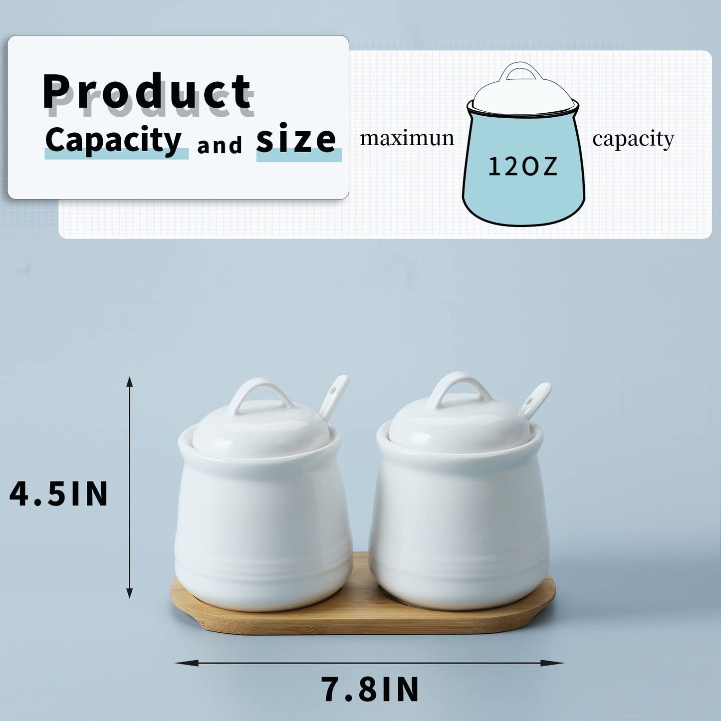 HAOTOP Ceramic Sugar Bowl 2 Pack, PorcelainJar with Tray, Spoon and Lid for Sugar, Pepper, Coffee, Spice, Salt, 12 Ounces (White)