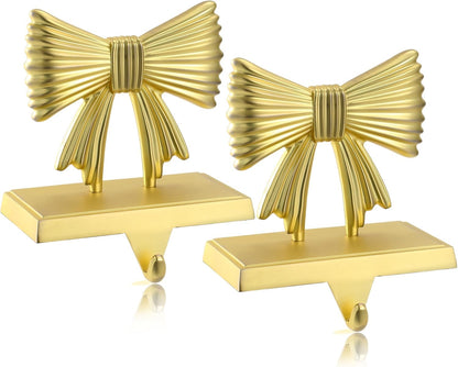 Kersiki Christmas Stocking Holders Set of 2 - Christmas Stocking Holders for Fireplace- Metal Stocking Hanger for Mantel-Stocking Hooks for Christmas Party and Home Decoration (Gold Bowknot)