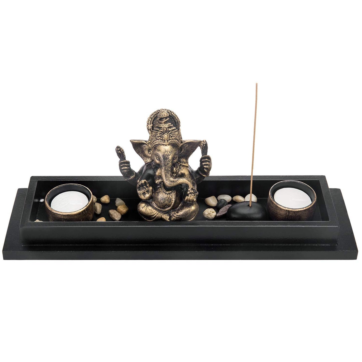 MyGift Mini Zen Garden with Ganesh Statue, Incense Stick Burner, Tealight Candle Holders, Decorative Rocks and Display Tray