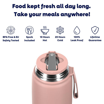 SHO Food Flask - Vacuum Insulated, Double Walled Stainless Steel Food Flask & Food Container - 10 Hours Hot & 20 Hours Cold - 530ml 800ml - BPA Free (Dusty Rose, 530ml)