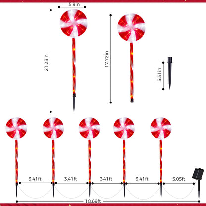 Outdoor Christmas Decorations Solar Pathway Lights, Set of 5 Lollipops Peppermint Stake Lights, 8 Modes Candy Cane Walkside Lights, Outdoor Xmas Decoration for Walkway,Yard (5PCS-Red)