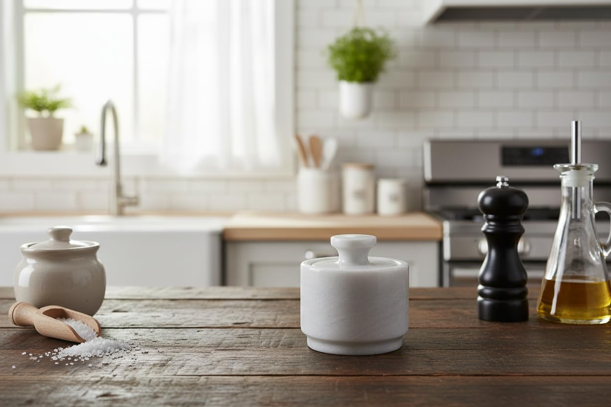 WHAHZZZ White Marble Salt Cellar with Lid| 3.2 Inch Elegant Kitchen Condiment Keeper| Decorative Salt Holder| Salt Cellar Marble| Salt, Sugar, Spices Container,Salt Bowl