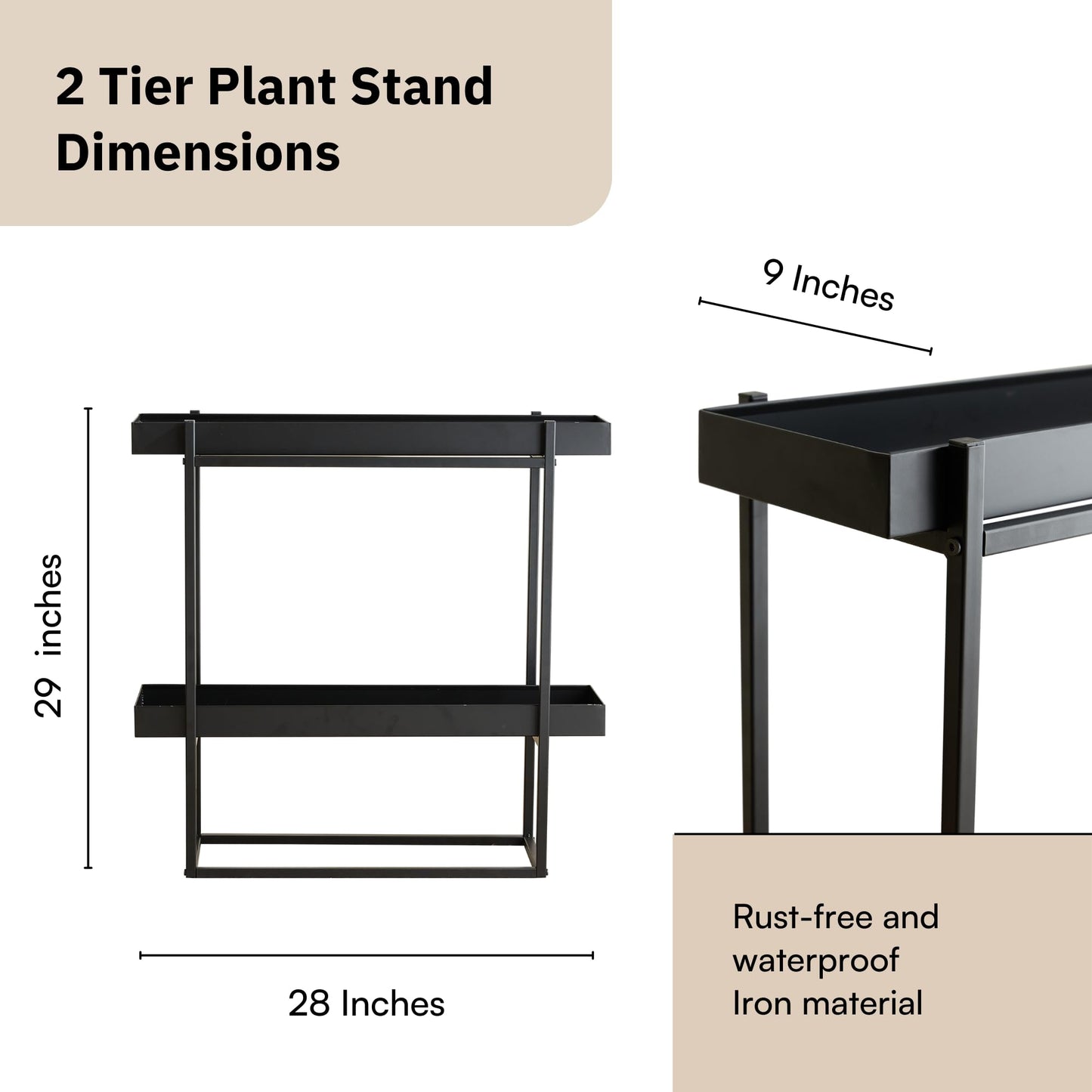 Levende Plante 2 Tier Plant Stand Indoor Outdoor - 29 x 9 x 28 Inches Plant Shelf for Home and Office Decor - Narrow Plant Stand for Lawn, Patio, Balcony and Living Room - Heavy Duty Iron - Black